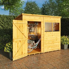 Mercia Woodsman Shiplap Pent 8x4 Shed - in situ, angle view, doors open