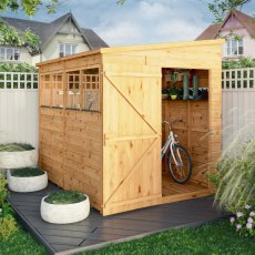 Mercia Woodsman Shiplap Pent 8x6 Shed - in situ, angle view, doors open