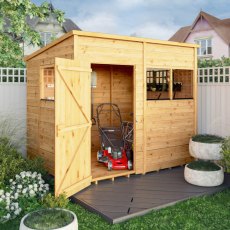 Mercia Woodsman Shiplap Pent 8 x 6 Shed - in situ, angle view, doors open