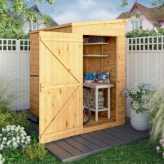 Mercia Woodsman Shiplap Pent 6x4 Shed - in situ, angle view, doors open