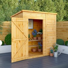 Mercia Woodsman Shiplap Pent 6x4 Shed - in situ, angle view - doors open