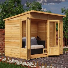 Shire Alora 8 x 6 Pent Summerhouse - in situ, angle view, doors open