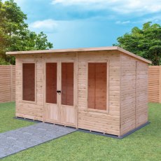 Shire Peony 12x6 Pent Summerhouse - in situ, angle view, doors closed