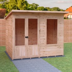 Shire Peony 8x6 Pent Summerhouse - in situ, angle view, doors closed