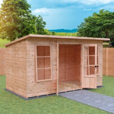 Shire Dahlia 12 x 6 Pent Summerhouse - in situ, angle view, doors open