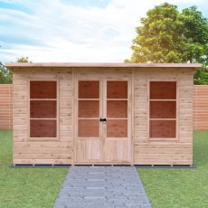 Shire Dahlia 12 x 6 Pent Summerhouse - in situ, front view, doors closed