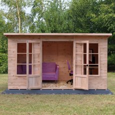 Shire Dahlia 12 x 6 Pent Summerhouse - in situ, front view, doors open