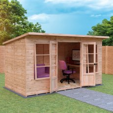 Shire Dahlia 12 x 6 Pent Summerhouse - in situ, angle view, doors open