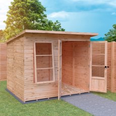 Shire Dahlia 8 x 6 Pent Summerhouse - in situ, angle view, doors open