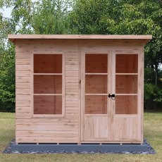 Shire Dahlia 8 x 6 Pent Summerhouse - in situ, front view, doors closed