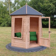 7x6 Shire Keswick Gazebo Summerhouse - angled view with door open and furnished