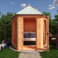 8x7 Shire Welburn Gazebo Summerhouse - in situ, front view, living