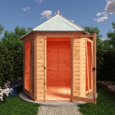 8x7 Shire Welburn Gazebo Summerhouse - in situ, front view, doors open