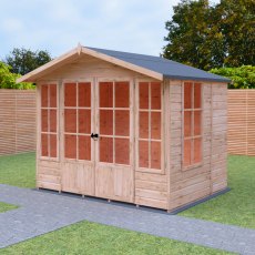 8x6 Shire Delmora Summerhouse - in situ, angle view, doors closed