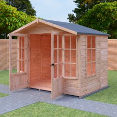 8x6 Shire Delmora Summerhouse - in situ, angle view, doors open