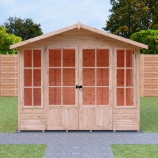 8x6 Shire Delmora Summerhouse - in situ, front view, doors closed