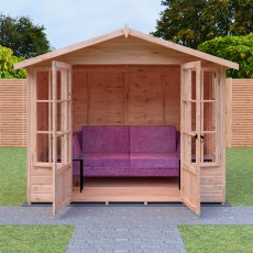 8x6 Shire Delmora Summerhouse - in situ, front view, doors open