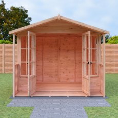 8 x 8 Shire Delmora Summerhouse With Verandah - in situ, front view, doors open