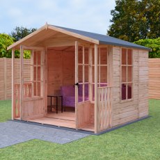 8 x 8 Shire Delmora Summerhouse With Verandah - in situ, angle view, doors open