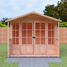 8 x 8 Shire Delmora Summerhouse With Verandah - in situ, front view, doors closed