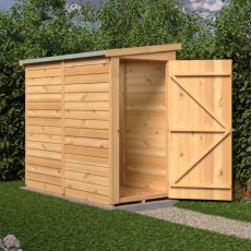 6x3 Shire Value Overlap Pent Shed - in situ, angle view, doors open