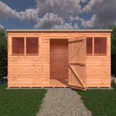 12x6 Shire Value Overlap Pent Shed - in situ, front view, doors open