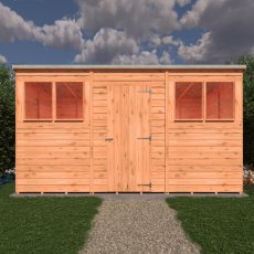 12x6 Shire Value Overlap Pent Shed - in situ, front view, doors closed