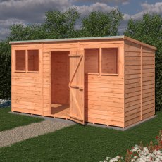 12x6 Shire Value Overlap Pent Shed - in situ, angle view, door open