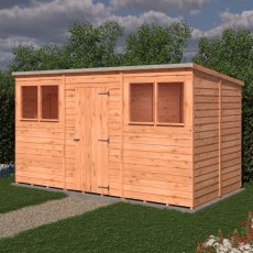 12x6 Shire Value Overlap Pent Shed - in situ, angle view, door closed