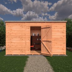 12x6 Shire Value Windowless Overlap Pent Shed - in situ, front view, doors open