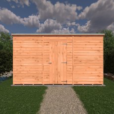 12x6 Shire Value Windowless Overlap Pent Shed - in situ, front view, doors closed