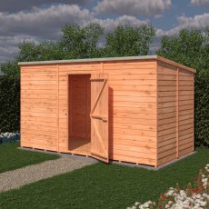 12x6 Shire Value Windowless Overlap Pent Shed - in situ, angle view, doors open