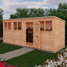 16x6 Shire Value Overlap Pent Shed - in situ, angle view, doors open