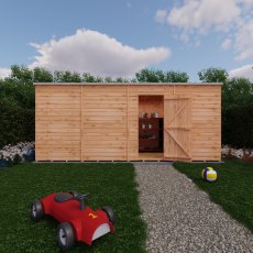 16x6 Shire Value Windowless Overlap Pent Shed - in situ, angle view, doors open