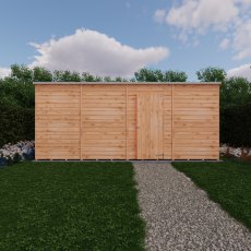 16x6 Shire Value Windowless Overlap Pent Shed - in situ, angle view, doors closed