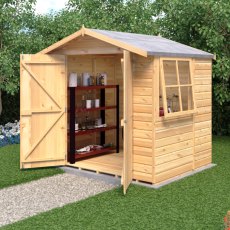 Shire Alderney Shiplap Apex 7x5 Shed - in situ, angle view, doors and window open