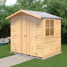 Shire Alderney Shiplap Apex 7x5 Shed - in situ, angle view, doors closed