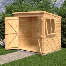 7x5 Shire Shiplap Pent Shed with Double Doors - in situ, angle view, doors open