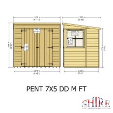 7x5 Shire Shiplap Pent Shed with Double Doors - dimensions