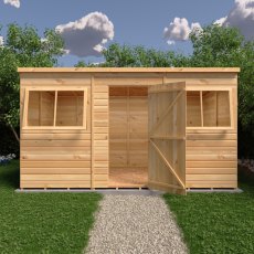 12x6 Shire Shiplap Pent Shed - in situ, front view, doors open