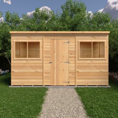 12x6 Shire Shiplap Pent Shed - in situ, front view, doors closed