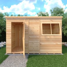 10x6 Shire Shiplap Pent Shed - in situ, front view, doors open