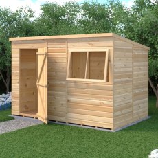 10x6 Shire Shiplap Pent Shed - in situ, angle view, doors open