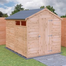 Shire Sherburn Shiplap Apex 8 X 6 Shed - in situ, angle view, doors closed