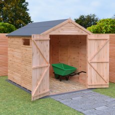 Shire Langley Shiplap Apex 8 x 6 Shed - in situ, angle view, doors open