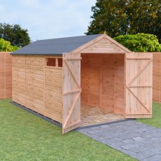 Shire Langley Shiplap Apex 12 x 6 Shed - in situ, angle view, doors open