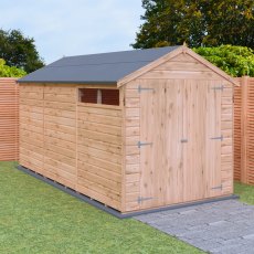 Shire Langley Shiplap Apex 12 x 6 Shed - in situ, angle view, doors closed