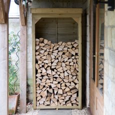 3x3 Forest Pent Small Overlap Log Store - in situ, front view