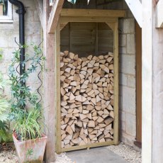 3x3 Forest Pent Small Overlap Log Store - in situ, angle view