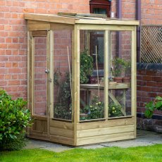 4x4 Forest Wallscape Lean To Wooden Greenhouse With Open Back - Pressure Treated - in situ angle view, doors closed